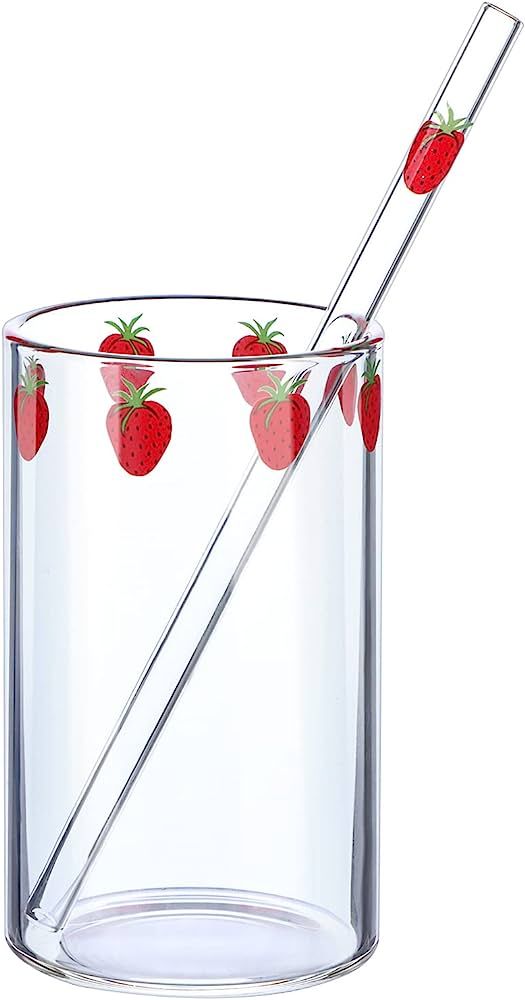 300ML Glass Cup with Straw, Clear Heat-Proof Water Cup Cute Strawberry Pattern Glasses Bottle for... | Amazon (US)