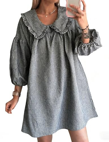 Ynhonra 2025 Women's Babydoll 3/4 Puff Sleeve Plaid Mini Dress Lapel Doll Collar Loose Y2k Dress(Black-XL) | Amazon (US)