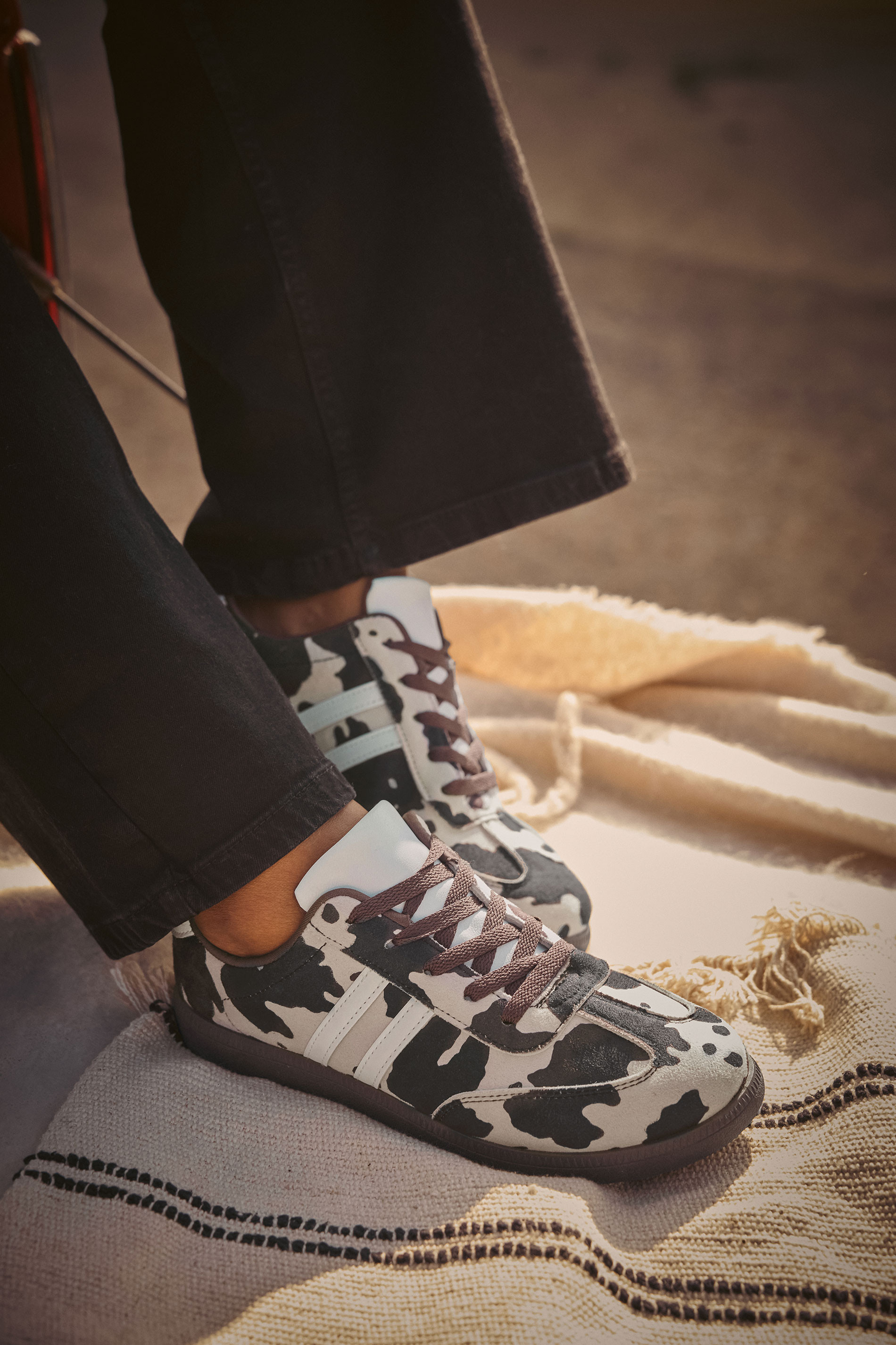 Brown Cow Print Retro Stripe Trainers In Extra Wide EEE Fit | Yours Clothing UK