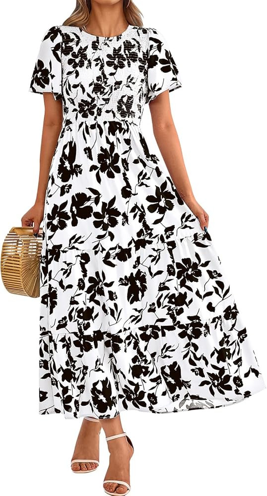 PRETTYGARDEN Women's 2024 Summer Casual Flutter Short Sleeve Boho Floral Maxi Dress Crew Neck Smo... | Amazon (US)