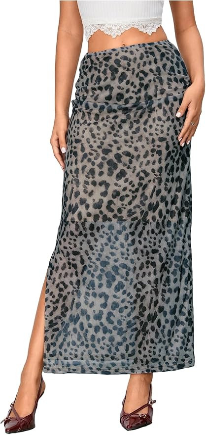 WDIRARA Women's Leopard Print Mesh Skirt Ruched Split Thigh Low Waist Maxi Skirts | Amazon (US)