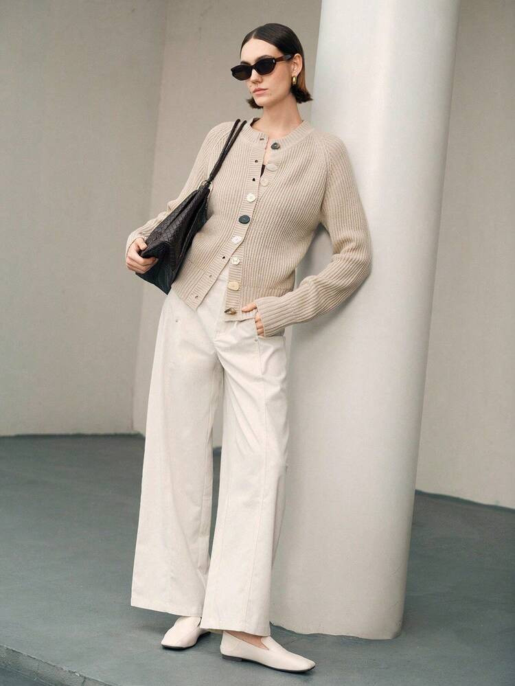 Uhlyne Elegant Casual Loose Retro Vintage Coin Design Round Neck Solid Color Customized Asymmetrical Button Wool Blend Sweater, Women Knitted Cardigan, Suitable For Commuting, Autumn/Winter Knit Cardigan Cardigan For Women Button Up Cardigan Women Cardigan Knitted Sweater Fall Cloth For Women | SHEIN