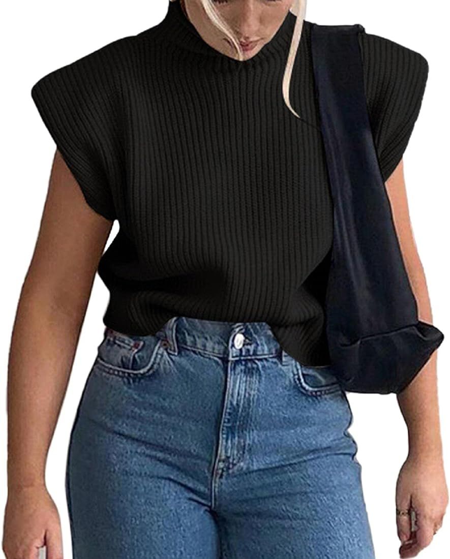 Women Sleeveless Turtleneck Sweater Vest Shoulder Pad Sweater Top Casual Solid Knitted Tank Pullovers | Amazon (US)