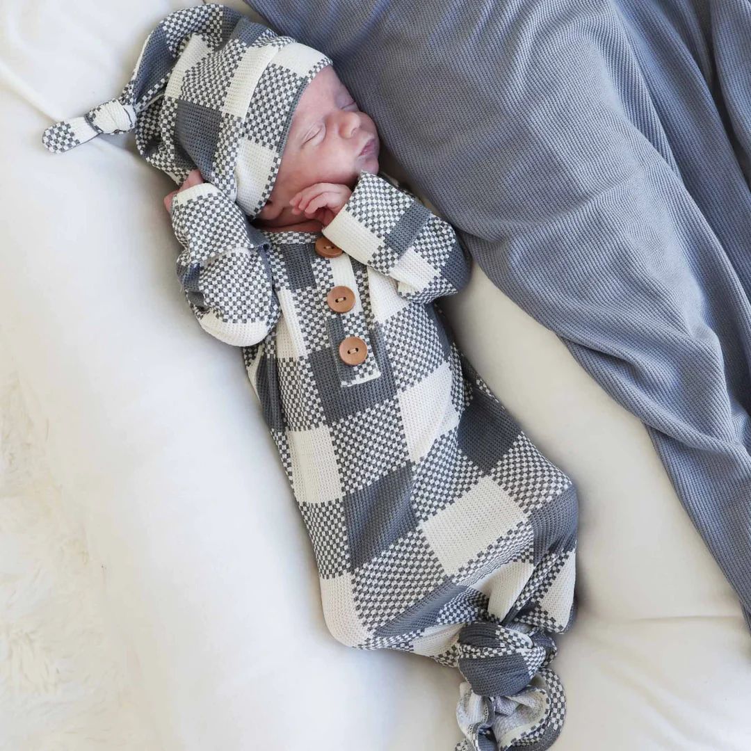 Big Check Waffle Bamboo Newborn Baby Knot Gown & Hat Set | Denim | Caden Lane