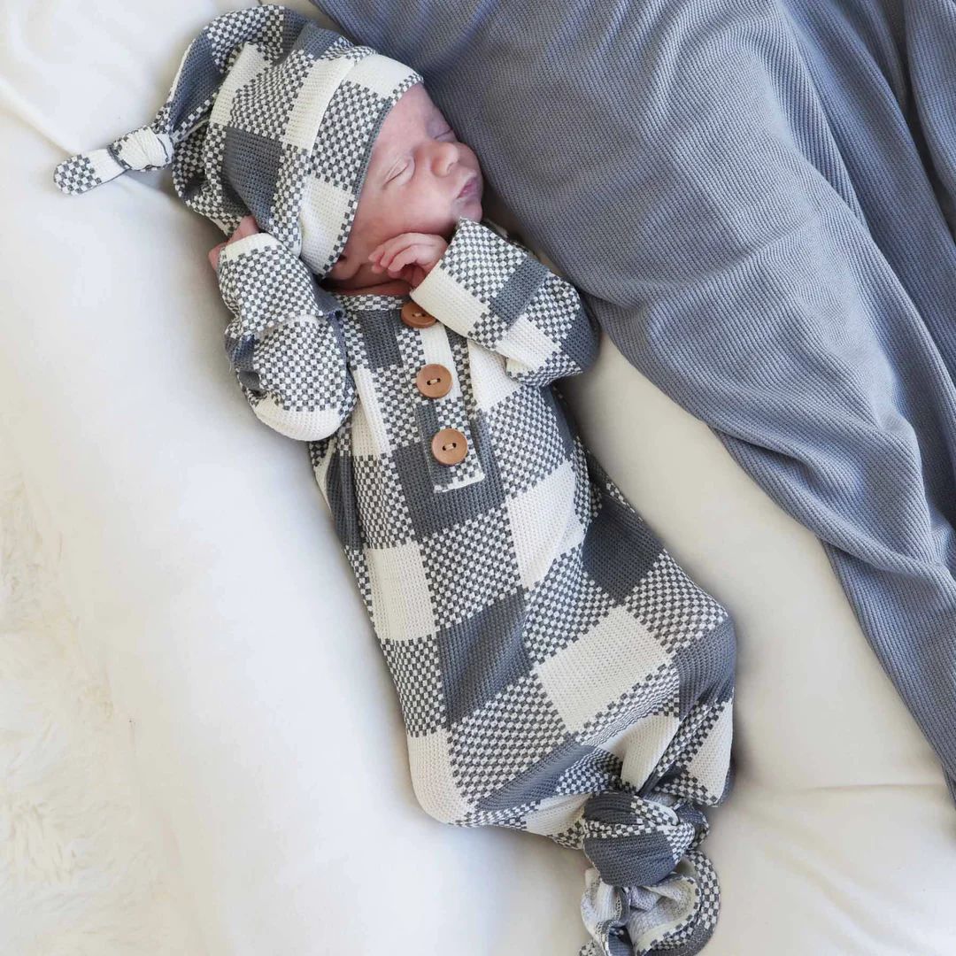 Big Check Waffle Bamboo Newborn Baby Knot Gown & Hat Set | Denim | Caden Lane