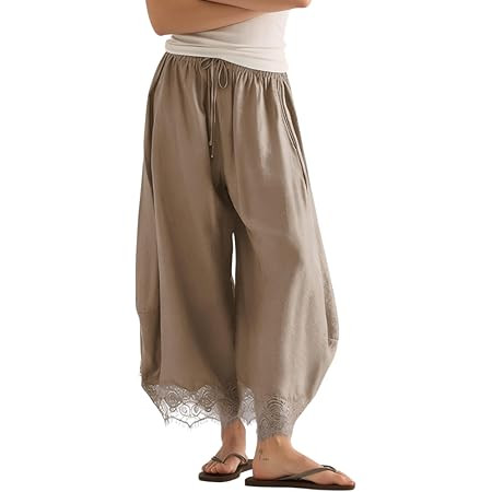 PUWEI Women's Cropped Lace-Hem Pants High Waisted Drawstring Wide Leg Pants Casual Lightweight Trousers with Pockets | Amazon (US)