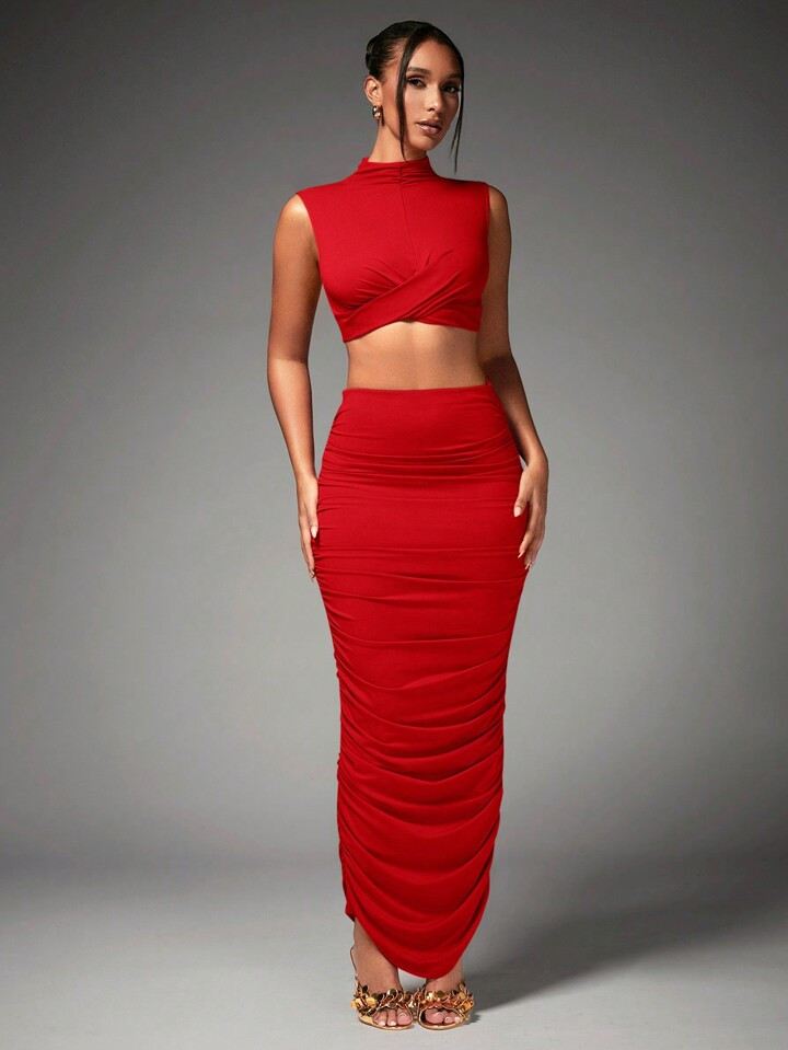 SHEIN BAE Women's Mock Neck Pleated Crop Top And Skirt Set For New Year Party | SHEIN