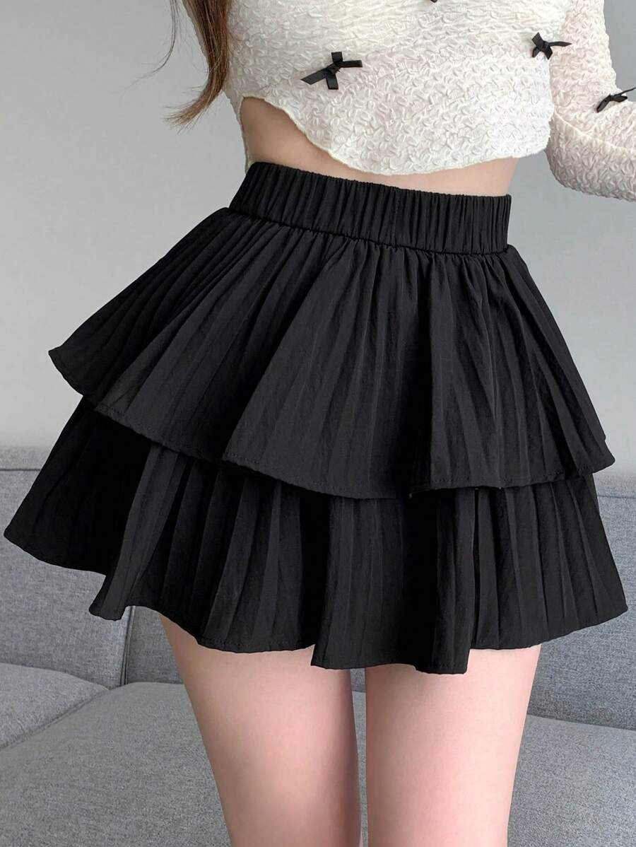 DAZY Women's Solid Color Double Layered Pleated Skirt,Ruffle Fall Skirts | SHEIN