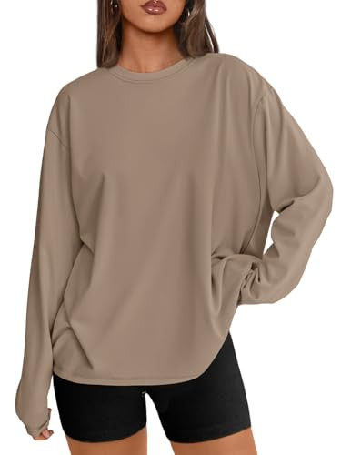 Trendy Queen Womens Oversized Tops Long Sleeve T Shirts 2026 Basic Tee Fall Casual Workout Y2K Clothes Khaki M | Amazon (US)