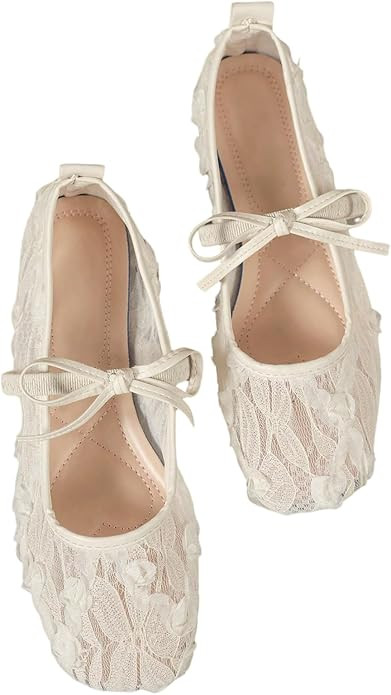 OYOANGLE Women's Floral Lace Mesh Ballet Flats Comfortable Dressy Square Closed Toe Bow Dress Sho... | Amazon (US)