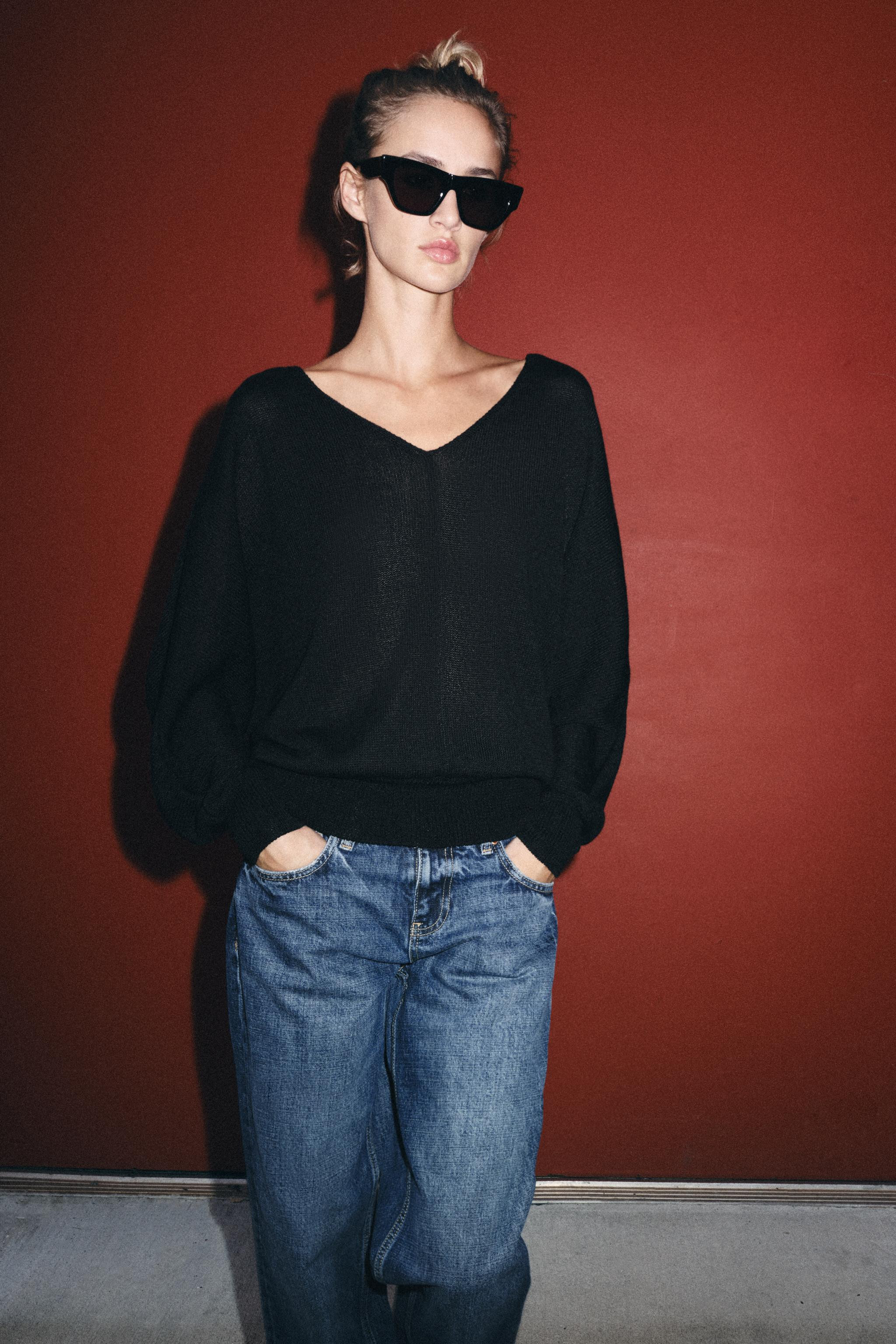 Jumper with a V-neckline and long sleeves finished with cuffs and low-set armholes. | Zara US
