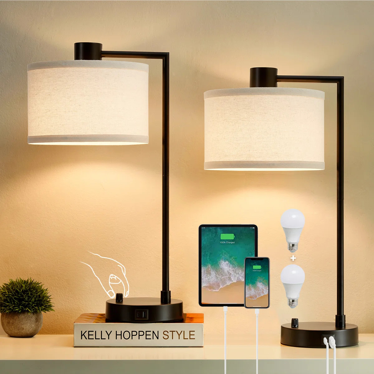 Navreet Table Lamp Set with USB C+A Charging Ports Fully Stepless Dimmable Bedside Lamp (Bulbs In... | Wayfair North America