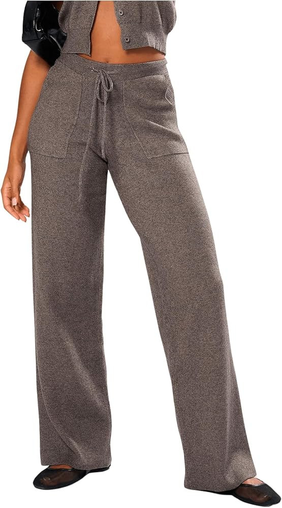Women's High Waisted Lounge Pants Elastic Waist Tie Front Rib Knit Straight Leg Long Trousers Pan... | Amazon (US)