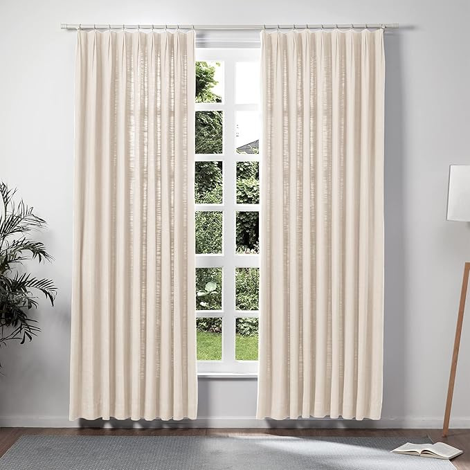 TWOPAGES Double Layer Lined Pinch Pleated Curtain Ivory White Linen Blend Light Filtering Room Da... | Amazon (US)