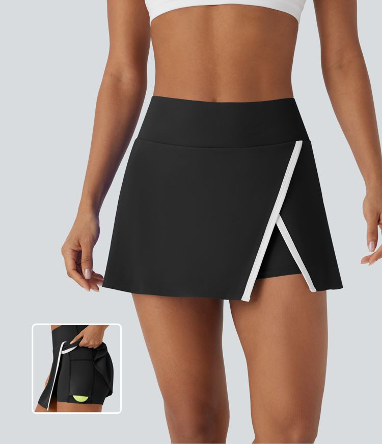 Women’s High Waisted 2-in-1 Split Color Block Mini Tennis Skirt with Side Pocket - Halara | HALARA