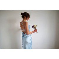 Light Blue Silk Slip Dress Cowl Neck Baby Midi Bare Shoulders & Open Back Dress For Bridesmaid Satin | Etsy (US)
