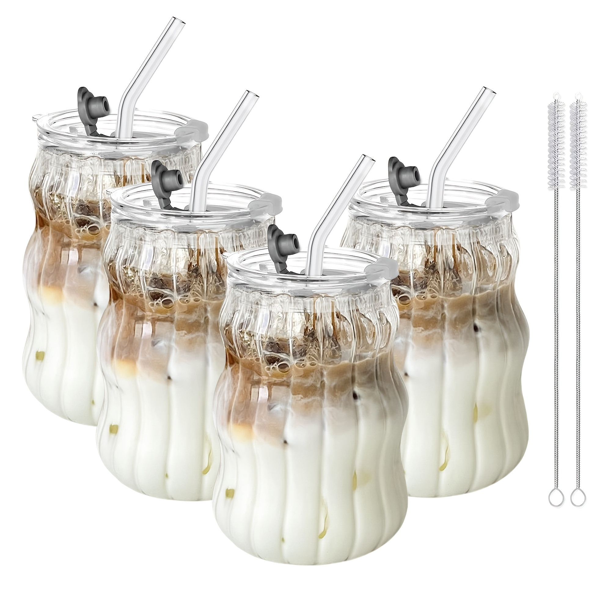 ribbed glass cups straw lid wave shape design glassware - Temu Australia | Temu Affiliate Program