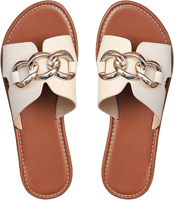 Verdusa Women's Open Toe Chain Flat Sandals Faux Leather Summer Slippers Slip on Slides | Amazon (US)