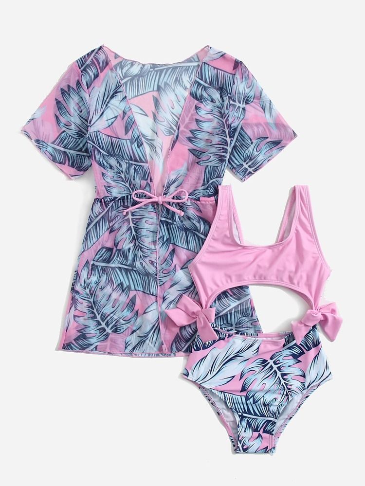 Toddler Girls Tropical Print Cut-out One Piece Swimsuit With Kimono | SHEIN