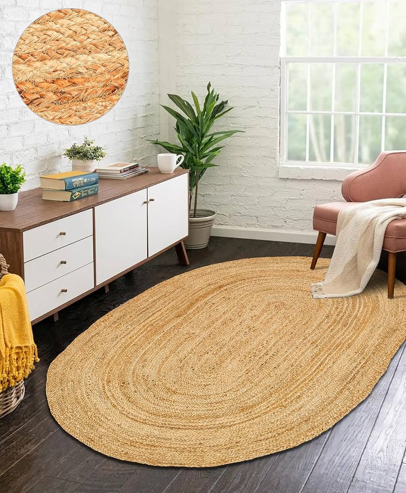Hand Woven Jute Area Rug - 4' x 6' Feet - Rustic Beige Reversible Oval Rugs for Bedroom, Kitchen,... | Amazon (US)