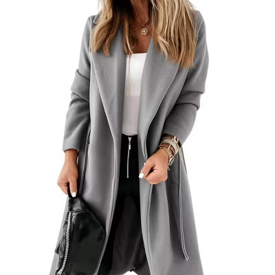 Imily Bela Womens Belted Classic Lapel Collar Open Front Long Coat Jacket Gray L | Target