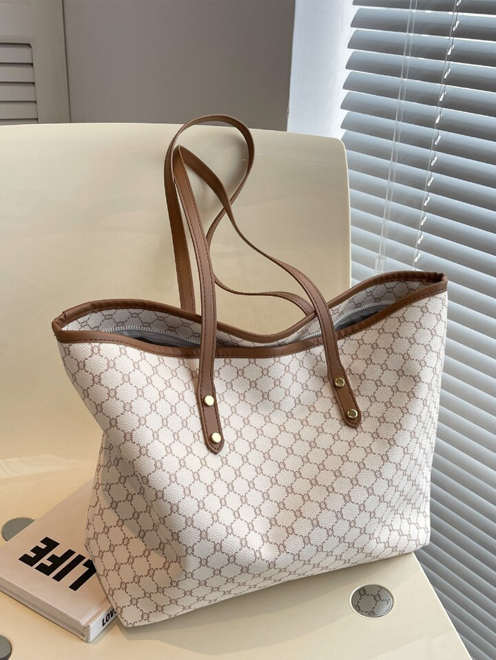 Geometric Pattern Studded Decor Shoulder Tote Bag Tote Bag For Women,PU Leather Shoulder Bag Wome... | SHEIN