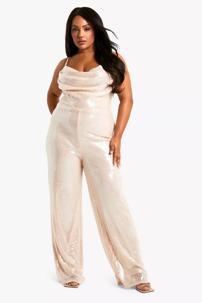 Plus Sheer Sequin Cowl Neck Jumpsuit | boohoo (US & Canada)