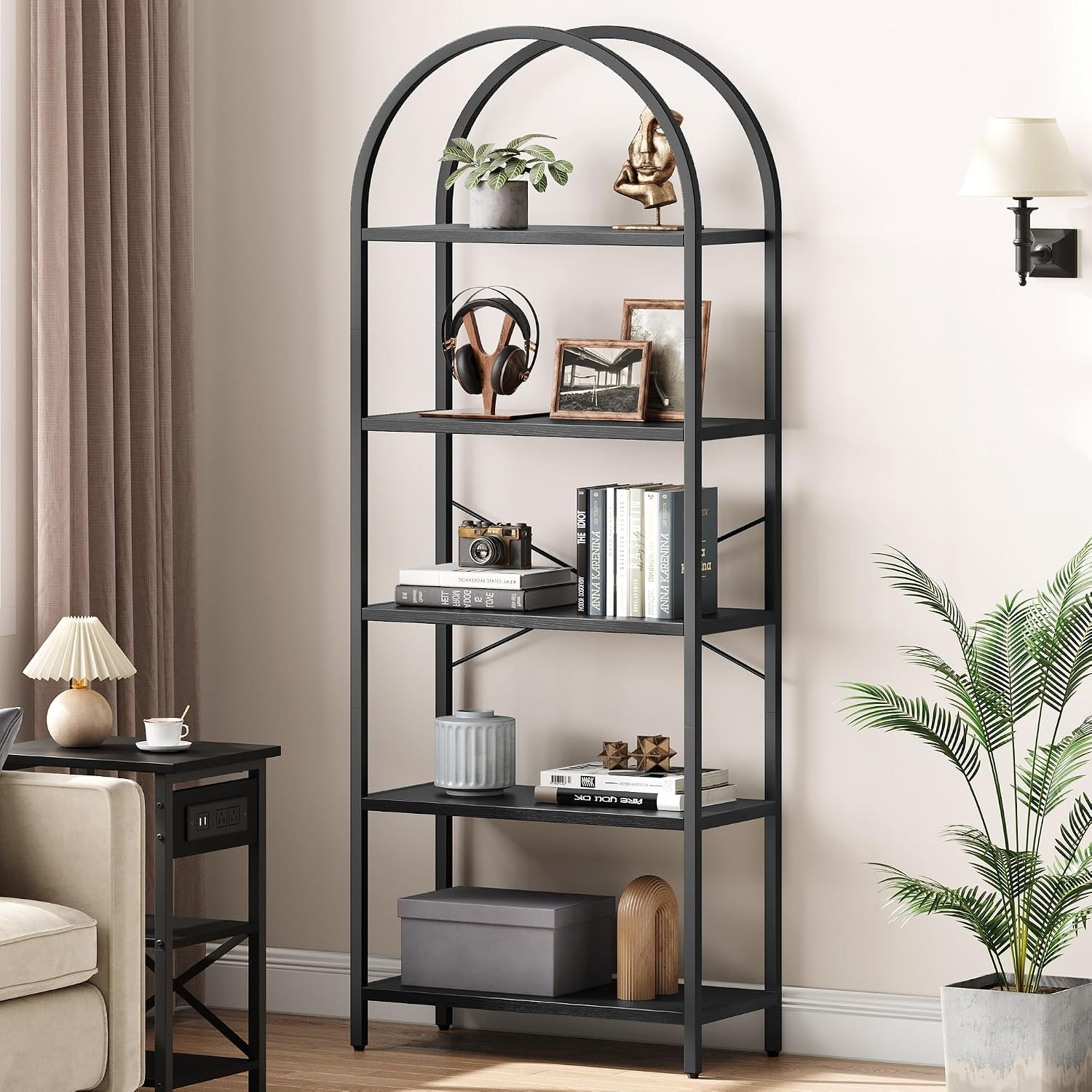 IDEALHOUSE Bookshelf 5 Tier Bookcase Arched Display Racks Tall Standing Bookshelves Metal Frame Modern Storage Rack Shelf Large Wood Book Shelf for Bedroom, Living Room, Home Office (Black) | Amazon (US)