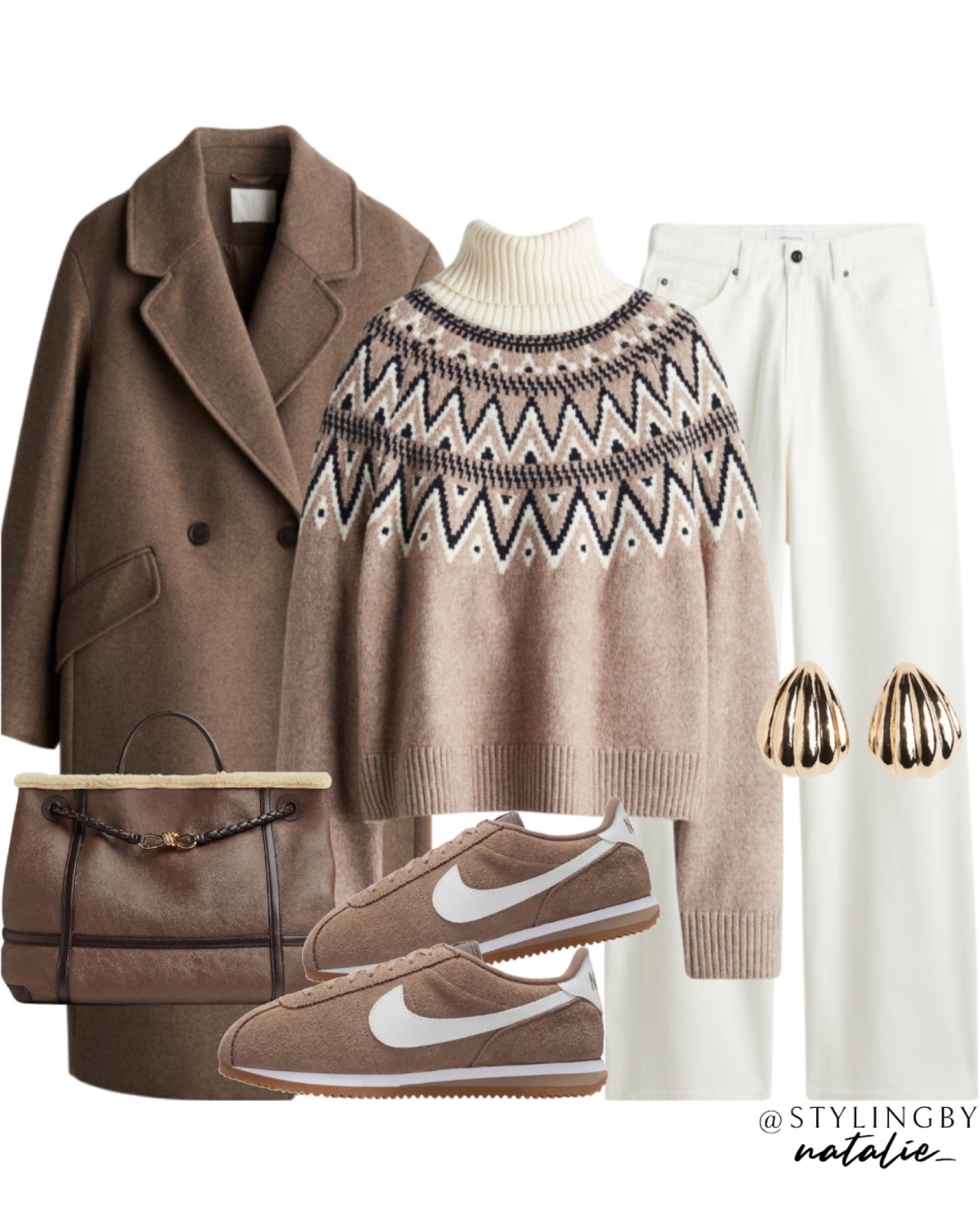 Wool double breasted coat, fair isle turtleneck jumper, suede Nike Cortez trainers, white wide leg jeans, gold earrings & Bottega Andiamo aviator bag.

#LTKstyletip #LTKeurope #LTKwinter