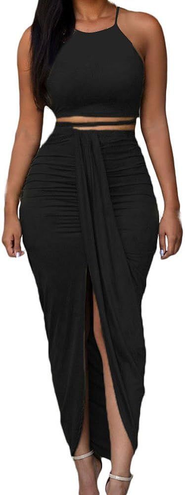 Womens Sexy Cotton Sleeveless Slit Two Piece Maxi Skirt Set | Amazon (US)