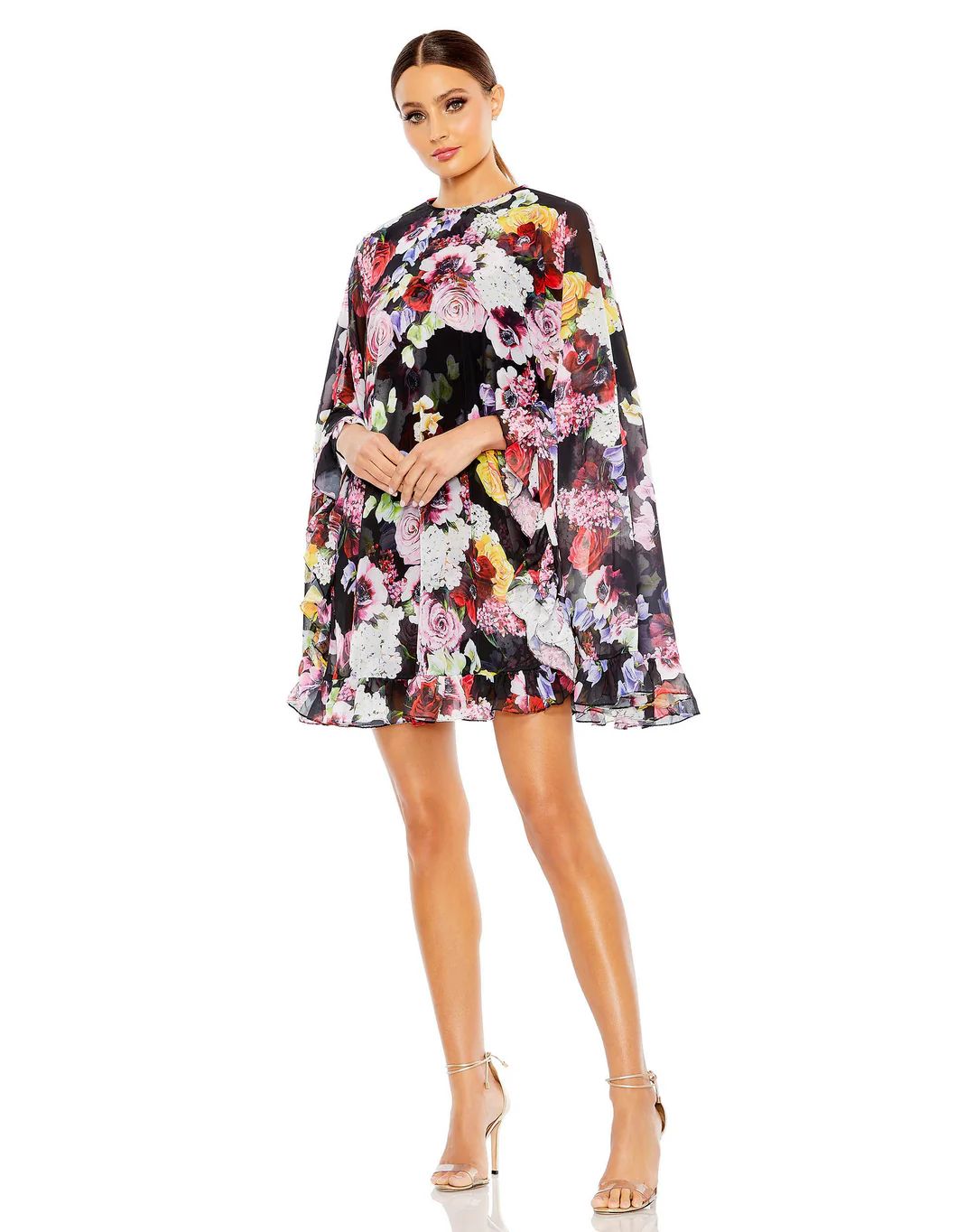 Floral Print High Neck Ruffle Hem Cape Mini Dress | Mac Duggal