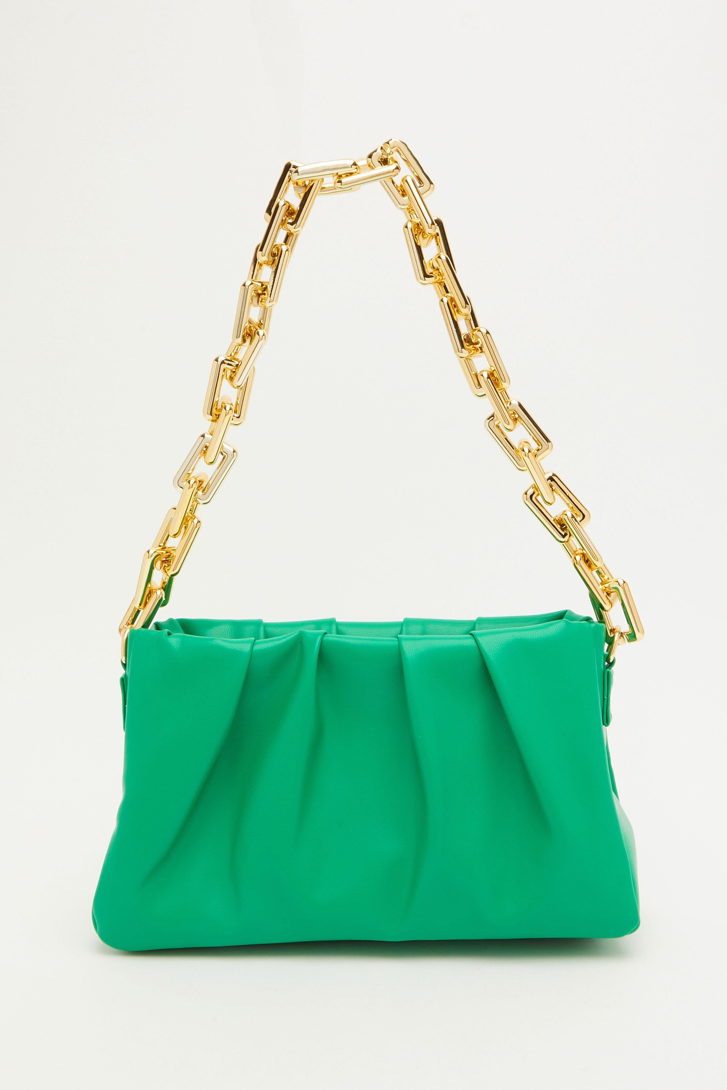 Green Ruched Chain Handle Bag | Quiz Clothing (UK)