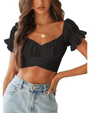 LYANER Women's Ruffle Short Sleeve Tie Up Back Crop Top Off Shoulder Bardot Blouse | Amazon (US)
