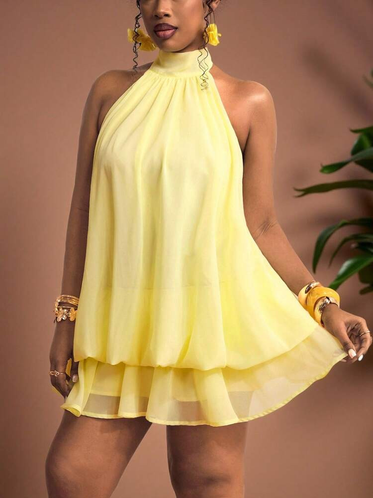 Truni Plus Size Women's Chiffon Butter Yellow Halter Neck Mini Dress,Elegant Backless Tie Strap L... | SHEIN