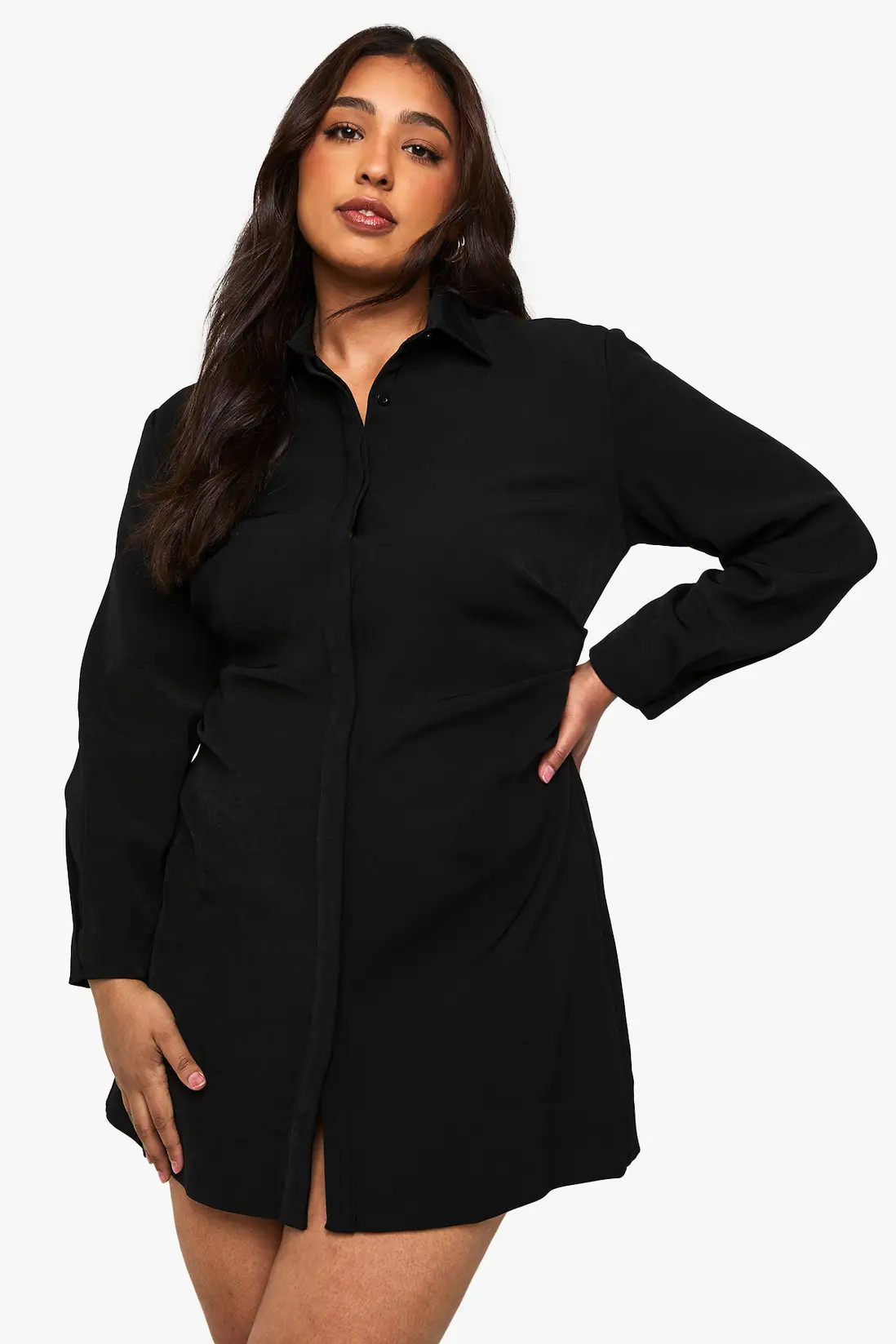 Black boohoo Plus Ruched Side Shirt Dress | PrettyLittleThing USA | PrettyLittleThing US