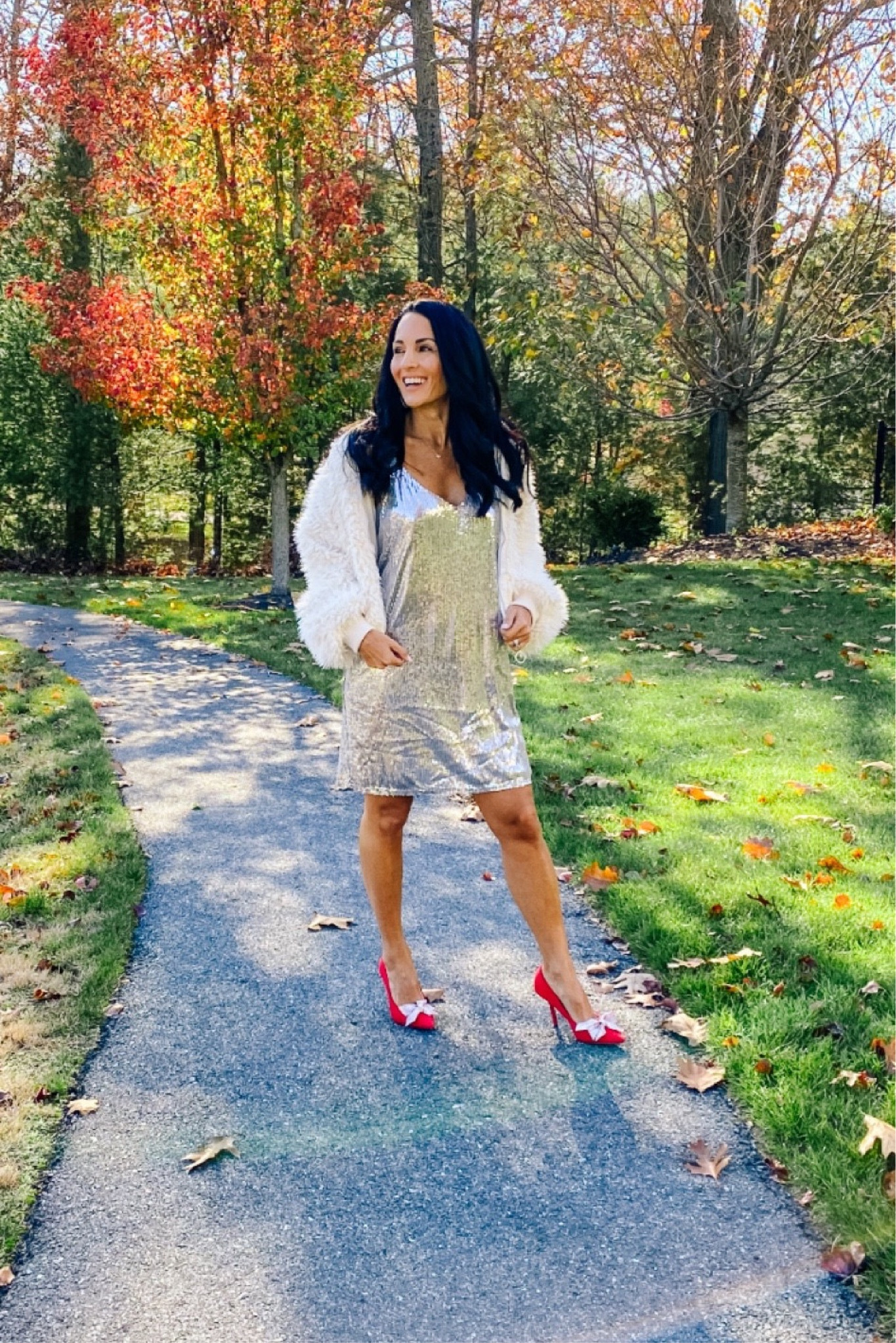 Sequin dress 30% off 
Faux fur jacket 30% off
Red heels 

#LTKstyletip #LTKsalealert #LTKunder50