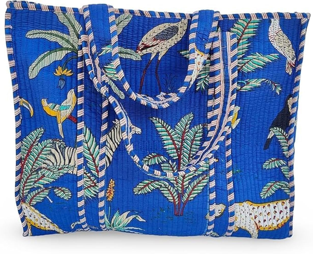 Cotton Floral Block Print Tote Bag Handmade Indian Shoulder Bag, Qiulted Market Shopping Bag | Amazon (US)