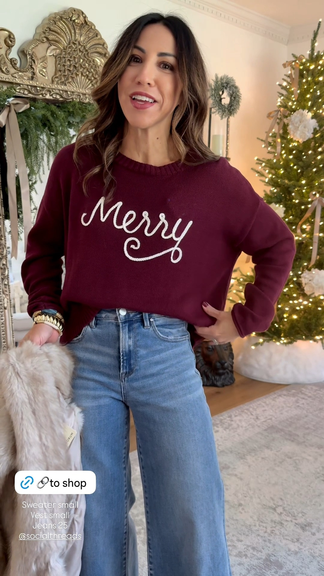 Small holiday sweater, 25 jeans, small faux fur vest, Holiday outfit

#LTKHoliday #LTKFindsUnder100 #LTKOver40