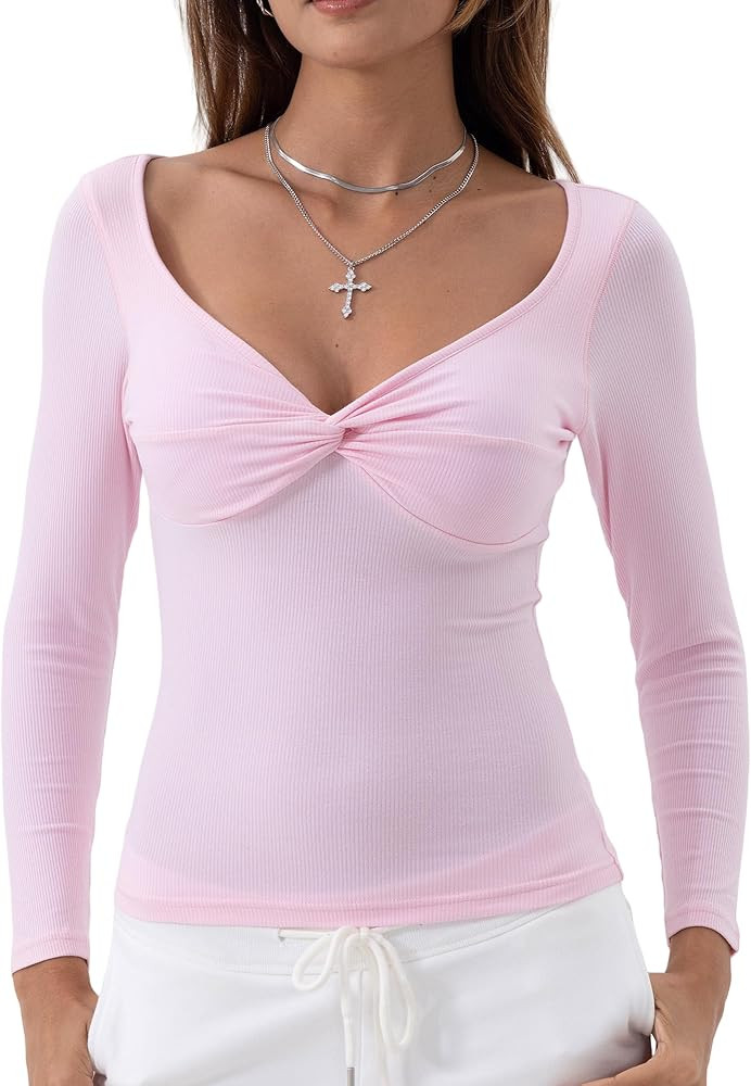 Danysu Women's Ribbed Long Sleeve Going Out Top Twist Front Sweetheart V Neckline Shirts Built-in... | Amazon (US)