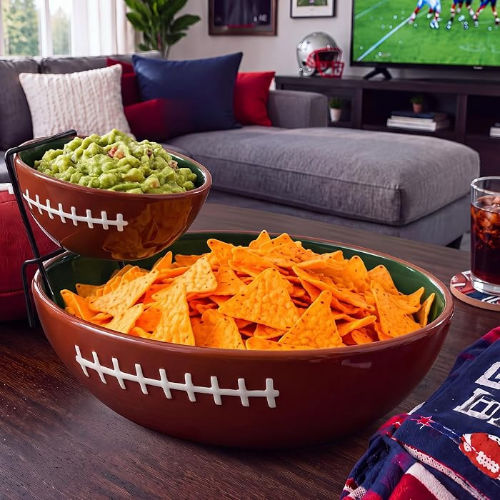 Ceramics 2 Tier Football Chip and Dip Bowl Serving Set with Stand | Amazon (US)