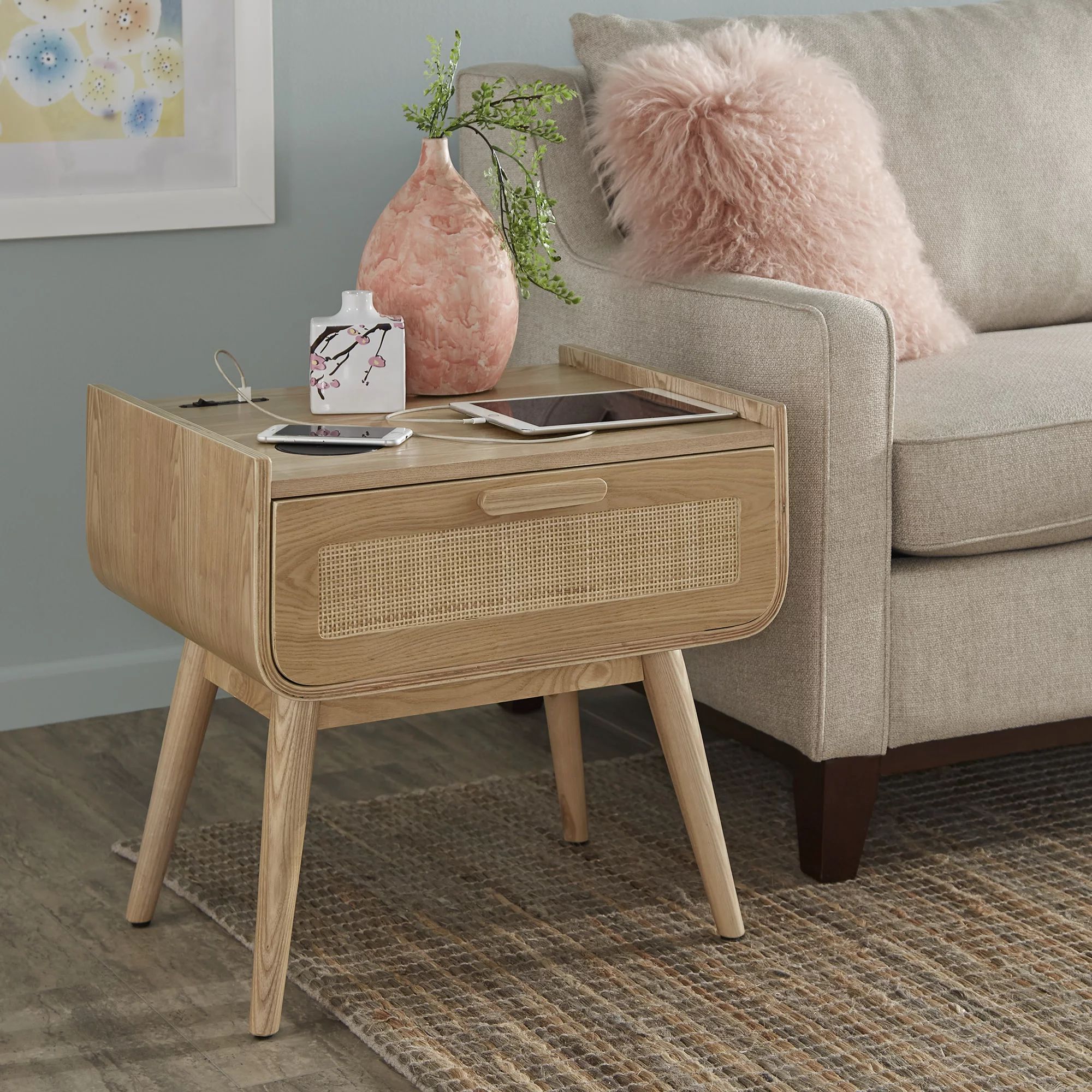 Desert Fields Cayleigh Wicker Front 1 Drawer End Table with Wireless Charger, Natural Finish | Walmart (US)