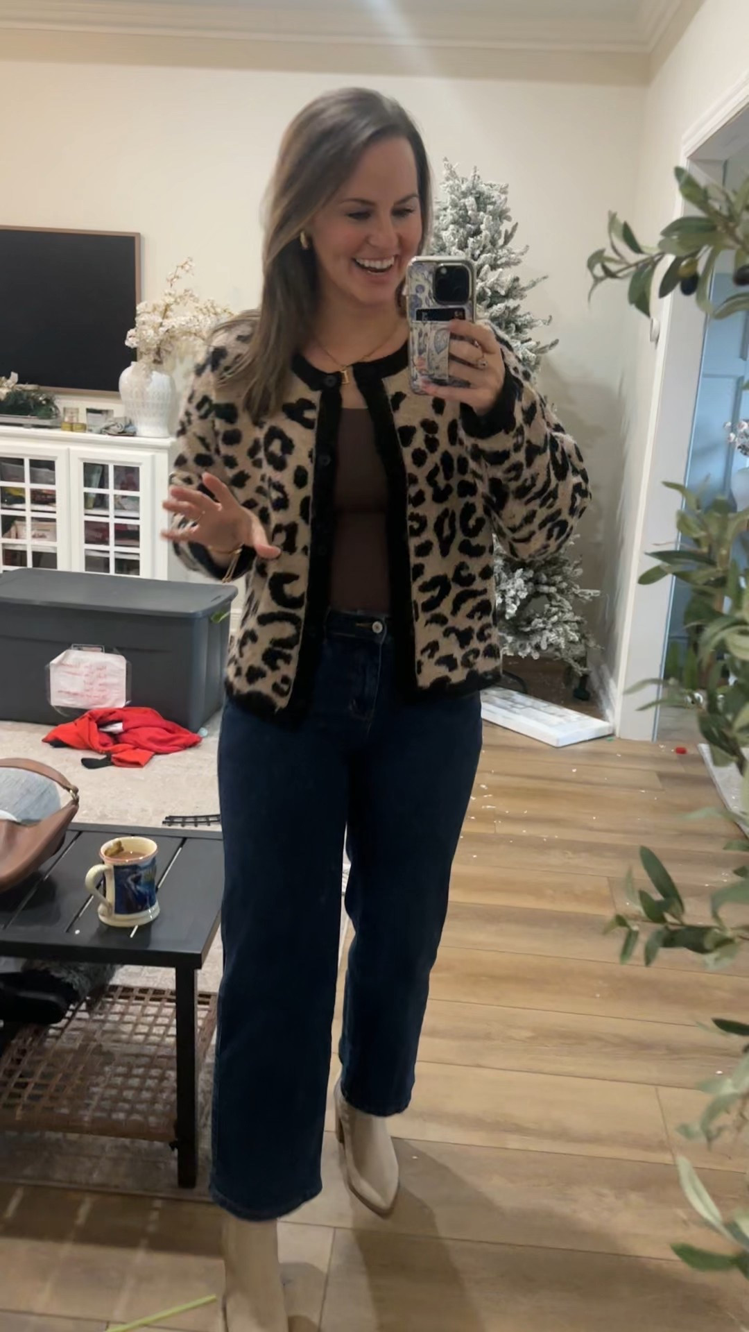 Thanksgiving or winter outfit! Loving this leopard cardigan, brown fitted tee (so soft) tucked into these dark wash high waisted jeans. In head to toe Amazon finds! 

Lots on Black Friday deal!! 

#LTKSaleAlert #LTKFindsUnder100 #LTKHoliday