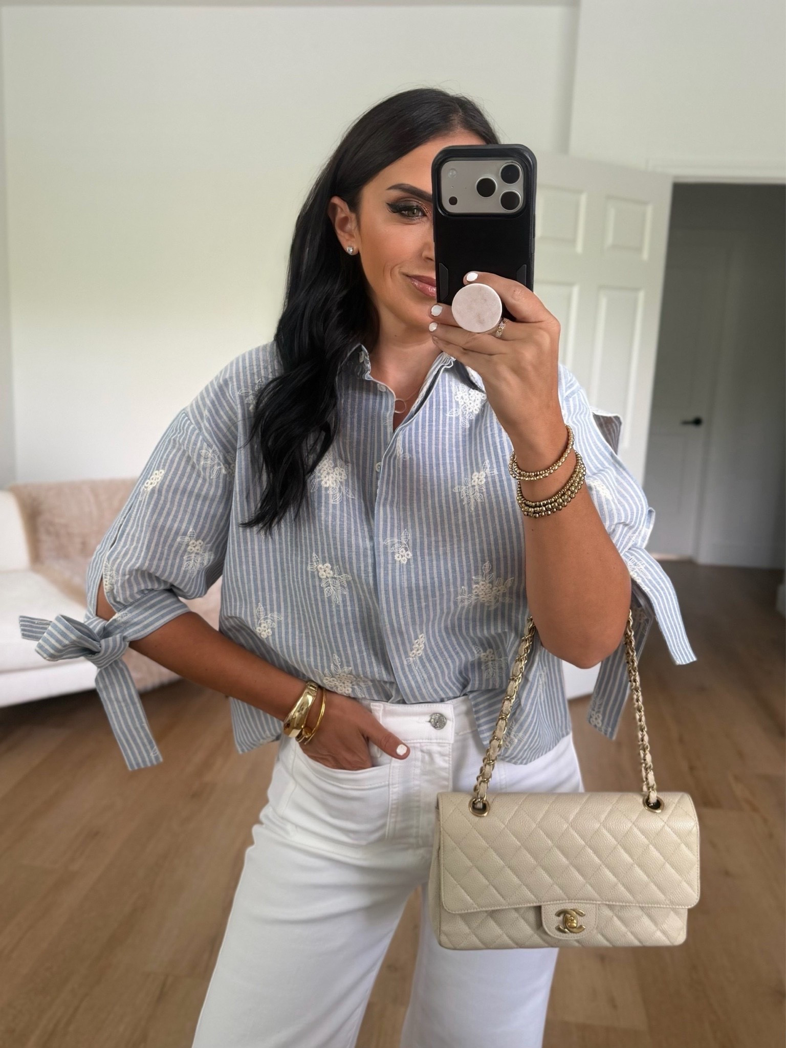 Petal & Pup Floriana Embroidered Tie Sleeve Shirt wearing size small. Frame jeans wearing size 27