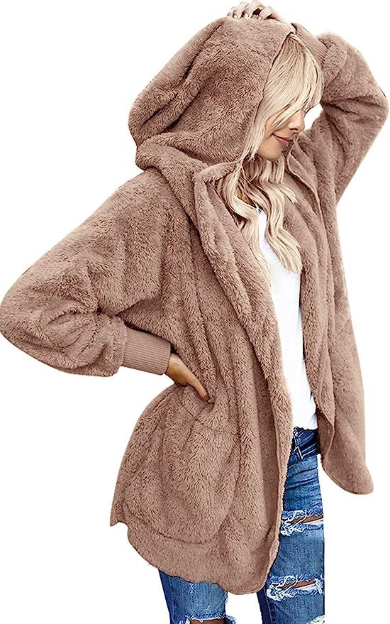 Yanekop Womens Fuzzy Fleece Open Front Hooded Cardigan Jackets Sherpa Coat with Pockets | Amazon (US)