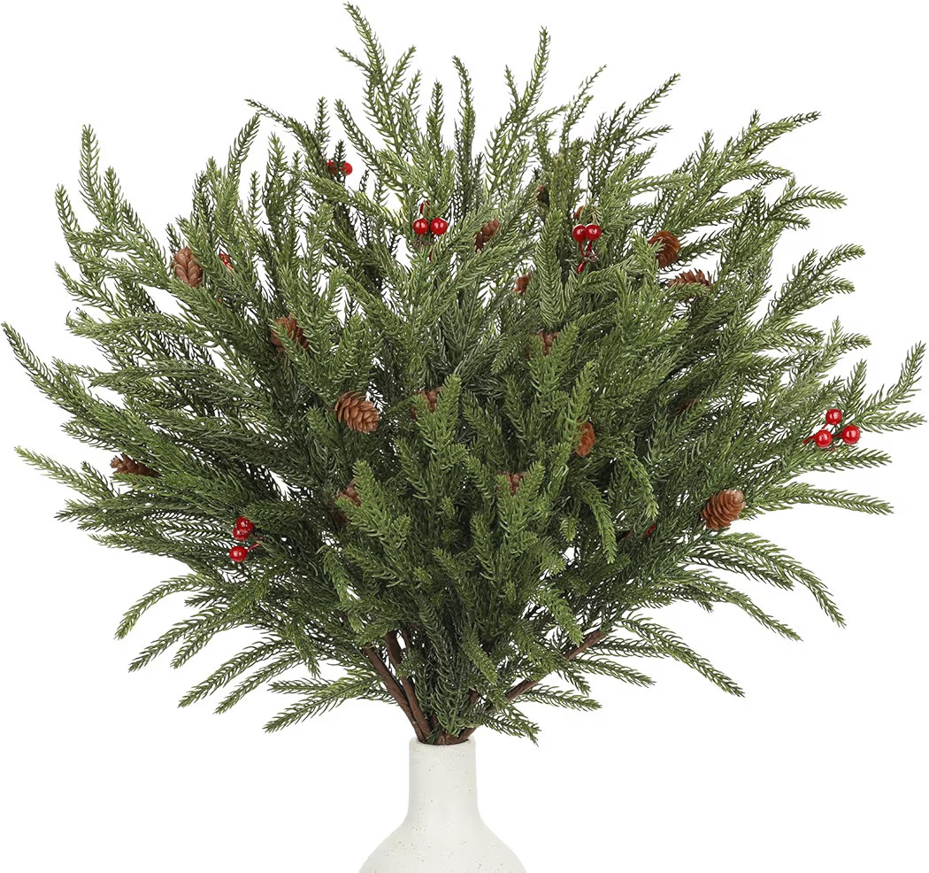 20 Inch Artificial Christmas Norfolk Pine Stems 3 Bunches Faux Pine Branches with Red Berries and... | Amazon (US)