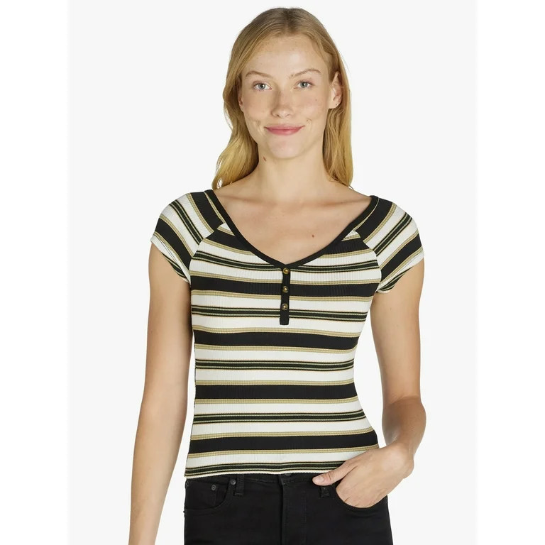 No Boundaries Ribbed Henley Top with Short Sleeves, Women’s and Women’s Plus | Walmart (US)