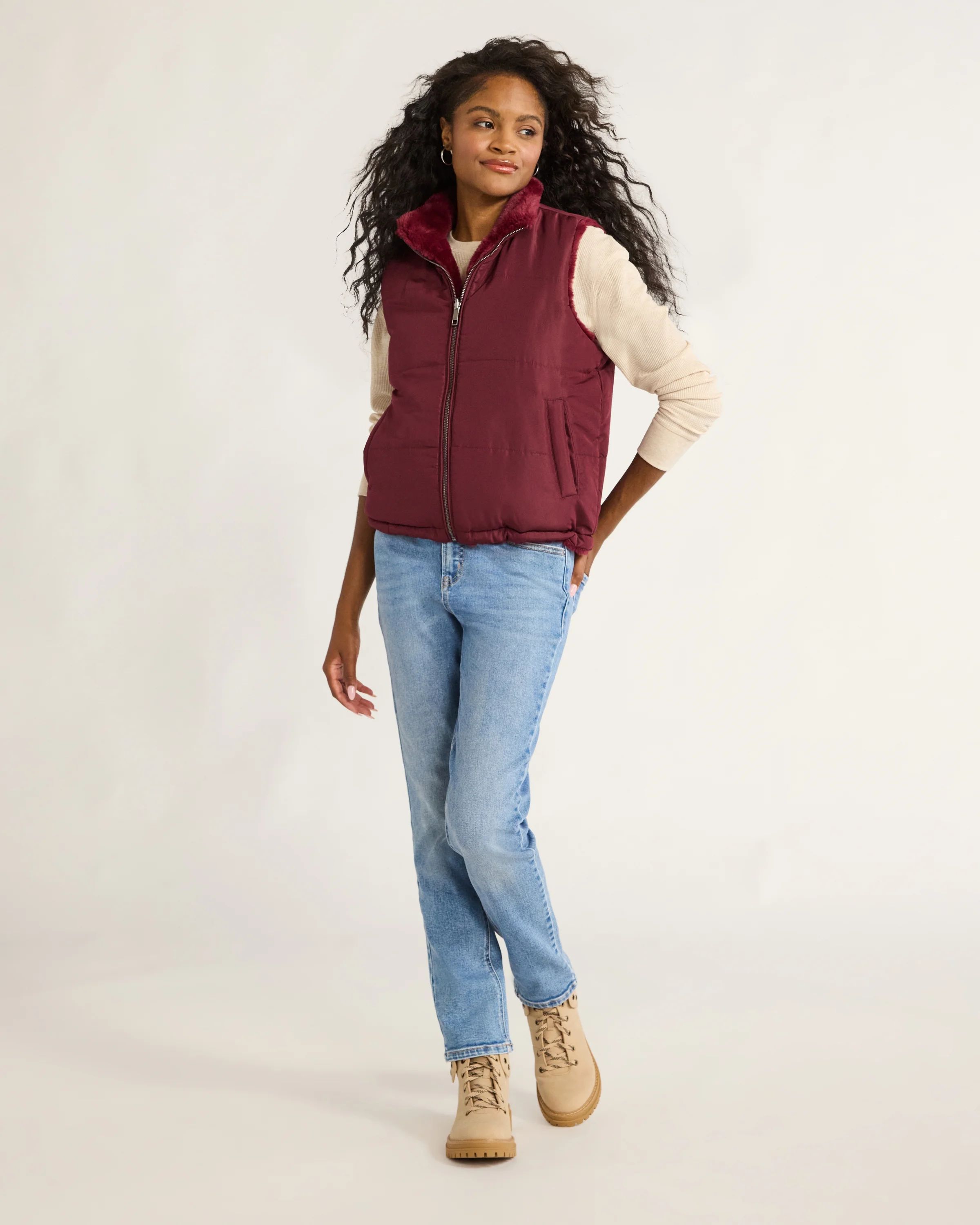 Time and Tru Women’s Faux Fur/Puffer Reversible Vest, Sizes XS-XL | Walmart (US)