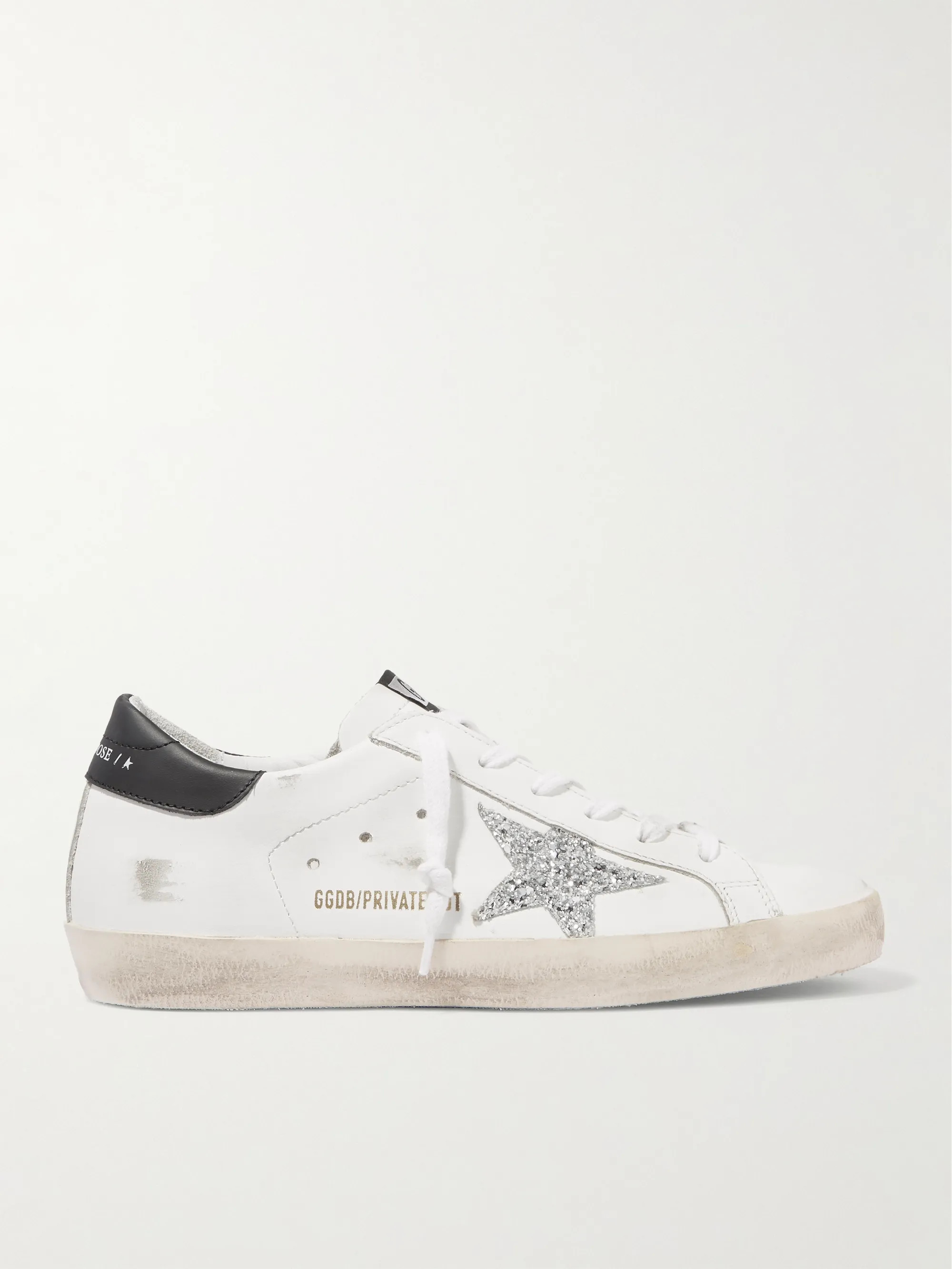 White Superstar distressed glittered leather sneakers | Golden Goose | NET-A-PORTER | NET-A-PORTER (US)