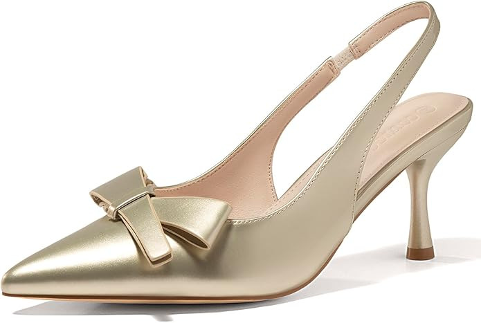 Coutgo Womens Slingback Kitten Heels Bow Closed Pointed Toe Pumps Slip on Office Work Dress Shoes | Amazon (US)