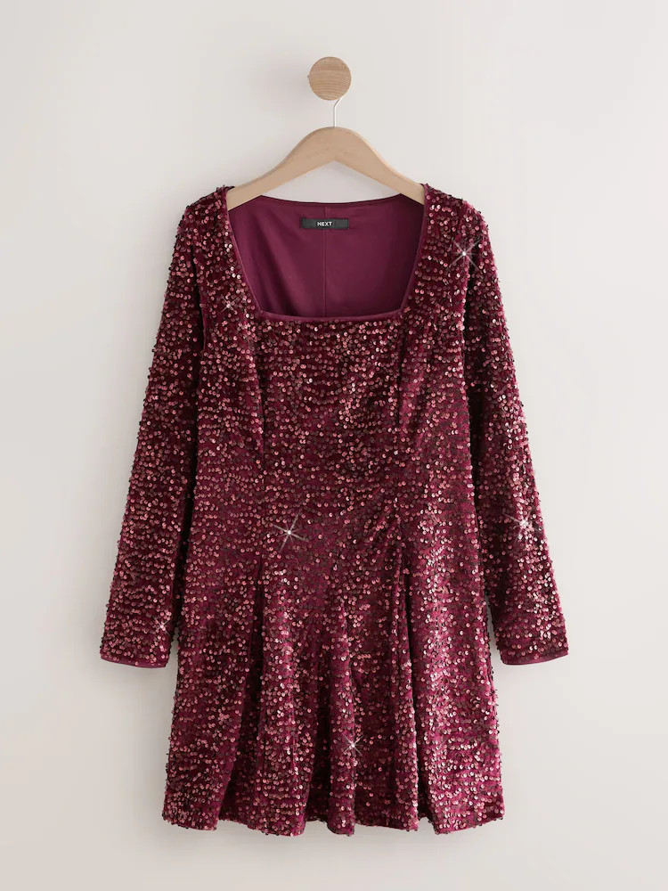 Burgundy Red Square Neck Flippy Mini Sequin Dress | Next EU